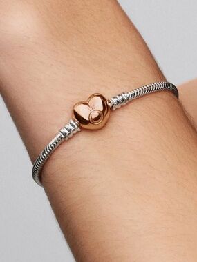 Authentic Pandora Rose Gold Heart Charm Snake Chain Bracelet, 7.9 inches
